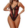 imageOYOANGLE Womens Contrast Lace Plaid Criss Cross Lingerie Bodysuit Cut Out Teddy Babydoll LeotardRed