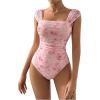 imageOYOANGLE Womens Floral Print Square Neck Mesh Bodysuit Tops Sleeveless Leotard Tank TopPink