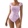 imageOYOANGLE Womens Floral Print Square Neck Mesh Bodysuit Tops Sleeveless Leotard Tank TopPurple