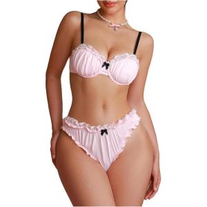 imageOYOANGLE Womens 2 Piece Lingerie Sets Bow Lace Frill Trim Underwire Bra and Panties SetPink