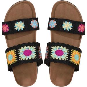 imageOYOANGLE Womens Floral Crochet Sandals Open Toe Double Strap Flat Sandals Slip On Outdoor Casual SlidesBlack