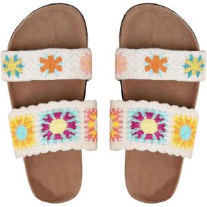 imageOYOANGLE Womens Floral Crochet Sandals Open Toe Double Strap Flat Sandals Slip On Outdoor Casual SlidesWhite and Yellow