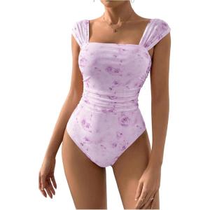 imageOYOANGLE Womens Floral Print Square Neck Mesh Bodysuit Tops Sleeveless Leotard Tank TopPurple