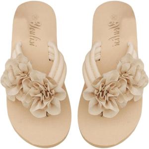 imageOYOANGLE Womens Flower Appliques Flip Flops Open Toe Nonslip Slide On Thong Sandals Comfy Flat Beach SlippersBeige