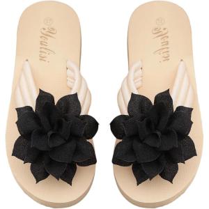 imageOYOANGLE Womens Flower Appliques Flip Flops Open Toe Nonslip Slide On Thong Sandals Comfy Flat Beach SlippersBlack