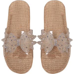 imageOYOANGLE Womens Rhinestone Sparkly Bow Slide Sandals Open Toe Clear Flat Sandal Dressy Casual SlippersClear