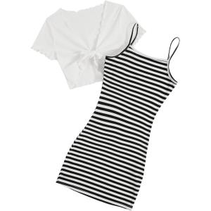 imageOYOANGLE Girls Striped Print Cami Dresses and Short Sleeve Knot Tie Front Top Sets 2 Pieces OutfitsBlack White