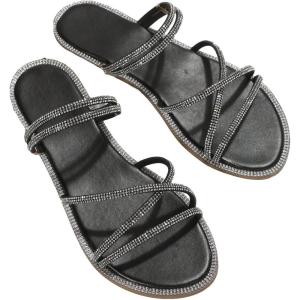 imageOYOANGLE Womens Rhinestone Strappy Open Toe Slide Sandals Slip on Casual Flat SandalsBlack