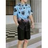 imageOYOANGLE Mens Casual Short Sleeve Tropical Print Collared Button Down Hawaiian ShirtsBlack and Light Blue
