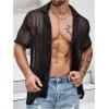 imageOYOANGLE Mens Mesh Sheer Short Sleeve Button Down Shirts Beach Vacation Shirt Party Crochet TopsBlack
