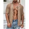 imageOYOANGLE Mens Mesh Sheer Short Sleeve Button Down Shirts Beach Vacation Shirt Party Crochet TopsBrown