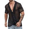 imageOYOANGLE Mens Mesh Sheer Short Sleeve Button Down Shirts Beach Vacation Shirt Party Crochet TopsBlack