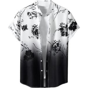 imageOYOANGLE Mens Casual Short Sleeve Tropical Print Collared Button Down Hawaiian ShirtsBlack White
