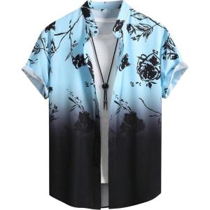 imageOYOANGLE Mens Casual Short Sleeve Tropical Print Collared Button Down Hawaiian ShirtsBlack and Light Blue