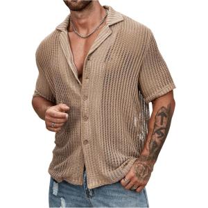 imageOYOANGLE Mens Mesh Sheer Short Sleeve Button Down Shirts Beach Vacation Shirt Party Crochet TopsBrown