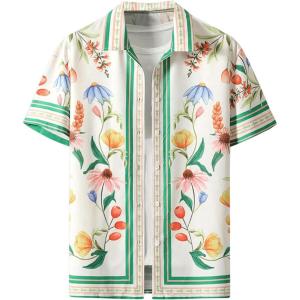 imageOYOANGLE Mens Short Sleeve Hawaiian Shirts Floral Button Down Shirt Summer Beach TopsApricot