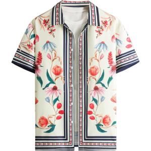imageOYOANGLE Mens Short Sleeve Hawaiian Shirts Floral Button Down Shirt Summer Beach TopsBeige