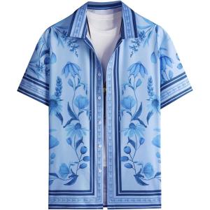 imageOYOANGLE Mens Short Sleeve Hawaiian Shirts Floral Button Down Shirt Summer Beach TopsBlue