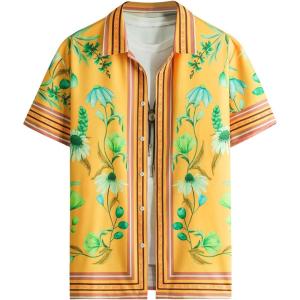 imageOYOANGLE Mens Short Sleeve Hawaiian Shirts Floral Button Down Shirt Summer Beach TopsYellow