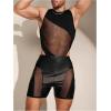 imageOYOANGLE Mens Pu Leather Elastic Waist Shorts Sheer Mesh Slim Fit Party Rave ShortsBlack
