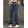 imageOYOANGLE Mens Vintage Elastic Drawstring Waist Jeans Casual Straight Leg Denim PantsDark Wash