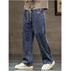imageOYOANGLE Mens Vintage Elastic Drawstring Waist Jeans Casual Straight Leg Denim PantsDark Wash