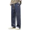imageOYOANGLE Mens Vintage Elastic Drawstring Waist Jeans Casual Straight Leg Denim PantsDark Wash