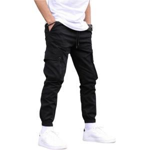 imageOYOANGLE Mens Cargo Jogger Pants Elastic Drawstring Waist Flap Pocket Joggers Hiking Outdoor Track JoggingBlack