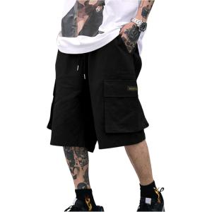 imageOYOANGLE Mens Casual Cargo Shorts Drawstring Shorts Twill Classic Flap Pocket Loose Fit ShortsBlack