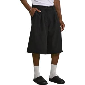 imageOYOANGLE Mens Pleated Crop Suit Loose Shorts Solid Straight Leg Summer Groom Casual Dress ShortsBlack