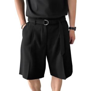 imageOYOANGLE Mens Pleated Golf Casual Loose Shorts Belt Solid Straight Leg Summer Beach Vacation Outfit Dress ShortsBlack