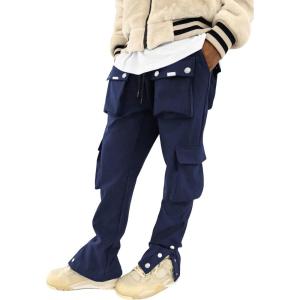 imageOYOANGLE Mens Streetwear Drawstring Waist Button Side Flap Pocket Crago Pants TrousersNavy Blue