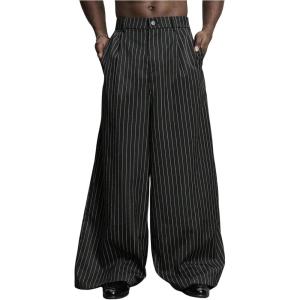 imageOYOANGLE Mens Striped Wide Leg Pleated Pants Zipper Fly Baggy Dress Trousers StreetwearBlack