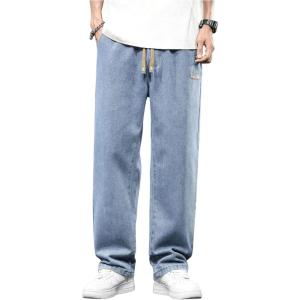 imageOYOANGLE Mens Vintage Elastic Drawstring Waist Jeans Casual Straight Leg Denim PantsBlue