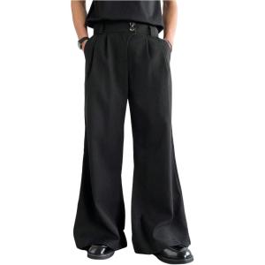 imageOYOANGLE Mens Wide Leg Suit Pants Pleated Business Casual Baggy Dress Trousers with PocketsBlack