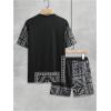 imageOYOANGLE Mens 2 Piece Outfits Boho Paisley Print Short Sleeve Top and Drawstring Shorts Set TracksuitsBlack