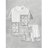 imageOYOANGLE Mens 2 Piece Outfits Boho Paisley Print Short Sleeve Top and Drawstring Shorts Set TracksuitsWhite