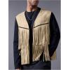 imageOYOANGLE Mens Casual Suede Top Shirt Boho Fringe Trim Open Front Sleeveless Vest Jacket WaistcoatApricot