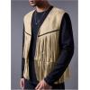 imageOYOANGLE Mens Casual Suede Top Shirt Boho Fringe Trim Open Front Sleeveless Vest Jacket WaistcoatApricot