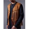 imageOYOANGLE Mens Casual Suede Top Shirt Boho Fringe Trim Open Front Sleeveless Vest Jacket WaistcoatBrown