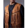 imageOYOANGLE Mens Casual Suede Top Shirt Boho Fringe Trim Open Front Sleeveless Vest Jacket WaistcoatBrown