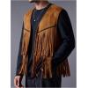 imageOYOANGLE Mens Casual Suede Top Shirt Boho Fringe Trim Open Front Sleeveless Vest Jacket WaistcoatBrown