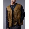 imageOYOANGLE Mens Casual Suede Top Shirt Boho Fringe Trim Open Front Sleeveless Vest Jacket WaistcoatLight Brown