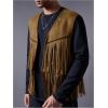 imageOYOANGLE Mens Casual Suede Top Shirt Boho Fringe Trim Open Front Sleeveless Vest Jacket WaistcoatLight Brown