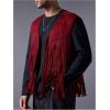 imageOYOANGLE Mens Casual Suede Top Shirt Boho Fringe Trim Open Front Sleeveless Vest Jacket WaistcoatRed