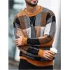 imageOYOANGLE Mens Color Block Plaid Print Long Sleeve Crew Neck Sweater Pullover TopsBrown and Orange