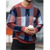 imageOYOANGLE Mens Color Block Plaid Print Long Sleeve Crew Neck Sweater Pullover TopsRed and Blue