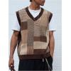 imageOYOANGLE Mens Vintage Plaid Print Sweater Vest Sleeveless V Neck Pullover Knit Tank TopsBrown