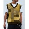 imageOYOANGLE Mens Vintage Plaid Print Sweater Vest Sleeveless V Neck Pullover Knit Tank TopsYellow