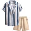imageOYOANGLE Mens 2 Piece Outfits Beach Matching Sets Summer Short Sleece Shirt and Shorts Vacation OutfitsBlue Khaki